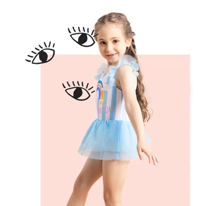 Detail of girls' striped swimsuit featuring a rainbow print and soft blue mesh tutu skirt
