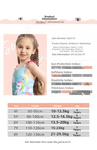 Size chart for girls unicorn one-piece swimsuit with height and weight measurements