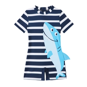 Boys short sleeve one-piece swimsuit with blue stripes and cartoon shark print