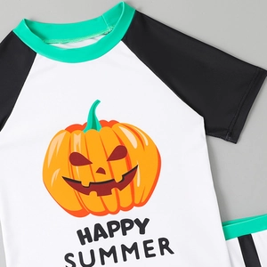 Boys short sleeve pumpkin graphic rash guard with Happy Summer print for kids swimwear