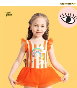 Detail of girls striped swimsuit with rainbow print and multi-layer orange mesh tutu skirt