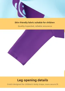 Detail of skin-friendly purple fabric and ergonomic elastic cuff on girls' swimwear