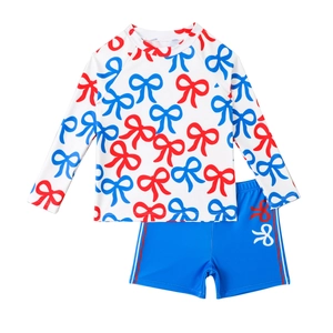 Boy's long-sleeve two-piece swimsuit with bow-knot print in red, white, and blue colors