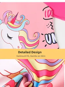 Close-up of soft skin-friendly fabric and unicorn print on girls' one-piece swimsuit