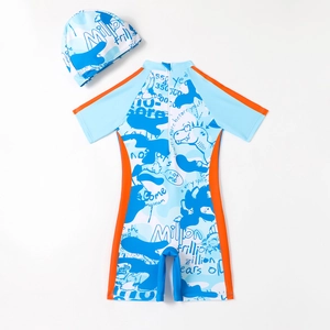 Kids short sleeve dinosaur print swimsuit set with matching cap in light blue and orange