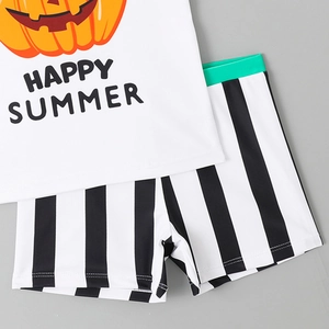 Kids boys two-piece swimwear set with pumpkin print top and striped quick-dry shorts