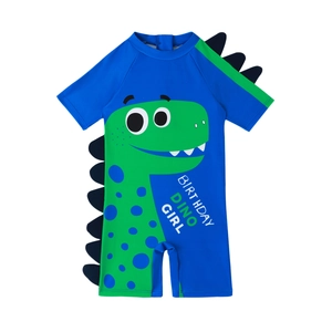 Blue and green boys' one-piece dinosaur swimsuit with 3D fins and Birthday Dino graphic