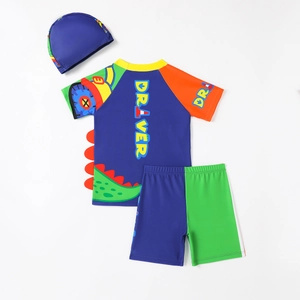 Three-piece boys' swimwear set with dinosaur print, short sleeves and swim cap