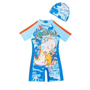 Kids short sleeve dinosaur one-piece swimsuit set with matching swimming cap for boys