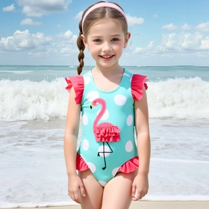 Mädchen Ein teiliger Badeanzug Flamingo 3D Rüschen Punktmuster Bademode Für Kinder Strand Pool Badeanzug Minzgrün