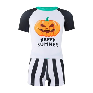 Boys' pumpkin print swim set with short sleeves and striped shorts for summer beach fun