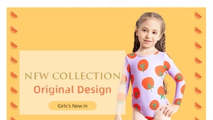 Detail of girls' long-sleeve swimsuit featuring cute tomato fruit patterns in purple