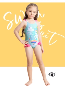 Close-up of girl's one-piece swimsuit with unicorn print and pink ruffle trim details