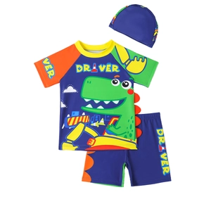 Three-piece boys' swimwear set featuring a blue dinosaur graphic and orange sleeves