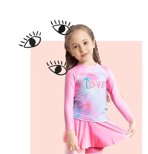 Detail of girls' long sleeve swimwear with pink blue tie-dye and LOVE print