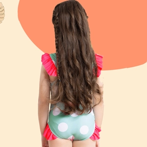 Mädchen Badeanzug mit Polka-Dots, rosa Rüschen und Rückenansicht in Mintgrün