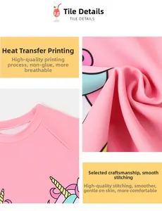 Detail view of pink girls swimsuit showing unicorn rainbow print and flatlock seams