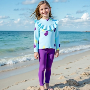 Girls Long Sleeve Swimsuit Top And Pants Ruffle Collar Cherry Print Sun Protection Kids Beachwear Swimming Set