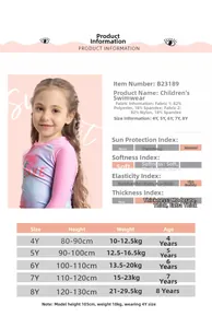 Detailed size chart for girls long sleeve swimwear with height and weight measurements