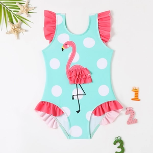 Mädchen Badeanzug in Minzgrün mit Punkten, Flamingo-Stickerei und rosa Rüschenbesatz