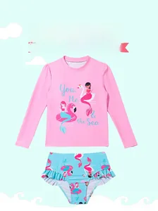 Detail of flamingo long sleeve kids swimwear set with ruffle waist bikini bottom