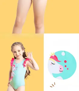 Dettagli del costume da bagno da bambina con unicorno, volant e stampa carina