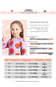 Detailed size chart for girls long sleeve one-piece swimsuit with UV protection info