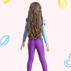 Girls long sleeve floral swimsuit set with ruffles and purple leggings swimwear