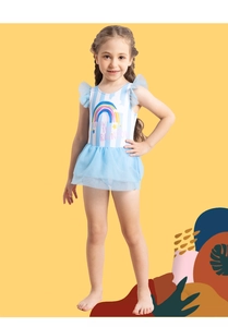 Detail of girls' striped swimsuit with rainbow print and blue mesh tutu skirt