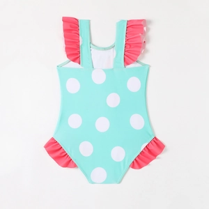 Polka-Dot Einteiler Badeanzug für Mädchen mit Flamingo-Motiv und rosa Rüschendetails