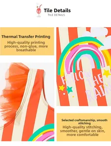 Detailed view of the flat seams and breathable heat transfer print on striped swimwear