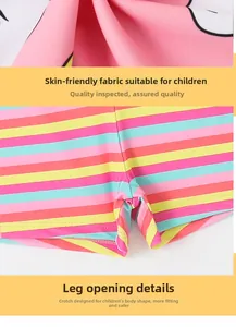 Detail of skin-friendly rainbow striped swim shorts with ergonomic lining for girls
