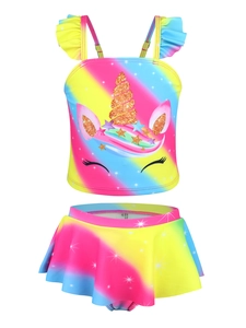 Detail von Mädchen Regenbogen Tankini Set mit goldenem Einhorn und Rüschen