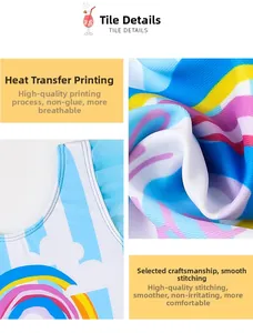 Detail view of rainbow print and high-quality flat stitching on striped kids swimwear