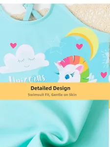 Close-up of light blue unicorn one-piece girls swimwear with skin-friendly fabric texture