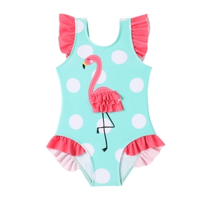 Mintgrüner Kinder-Badeanzug mit Flamingo-Muster und rosa Rüschen für Mädchen