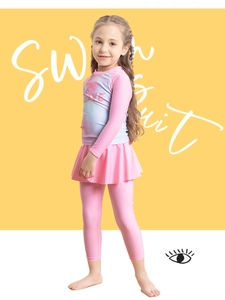 Girl's pink 3-piece swimsuit with long sleeves and LOVE print for sun protection