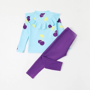 Two-piece girls' long sleeve swimsuit with ruffled collar, cherry print and purple pants
