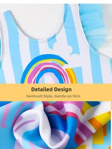 Detail view of rainbow print and skin-friendly striped fabric for girls one-piece swimsuit
