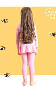 Rear view of girls' long sleeve pink tie-dye swimwear set with skirt and leggings