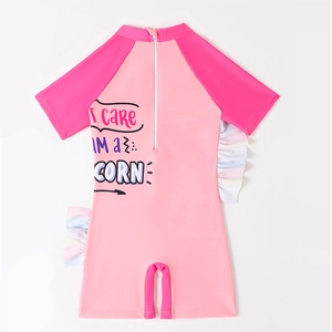 Pink girls' one-piece swimsuit with unicorn print, rainbow ruffles and back zipper