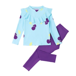 Girls long sleeve two-piece swimsuit with ruffle collar and cherry print in blue and purple