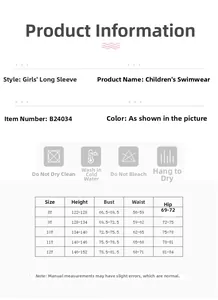 Size guide for girls flamingo long sleeve swimwear including wash instructions and dimensions