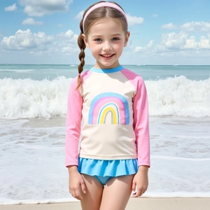 Traje de Baño de Manga Larga para Niñas Top y Falda con Volantes Estampado de Arcoíris Protección Solar para Niños Verano Playa