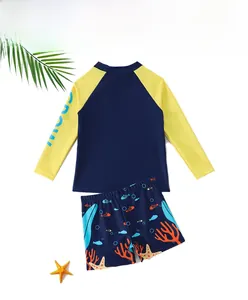 Maillot de bain deux pièces à manches longues pour garçons avec imprimé océan et tissu stretch