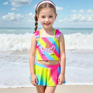 Mädchen Einhorn Regenbogen Farbverlauf Tankini Badeanzug Rüschen Top Und Hose Für Kinder Strand Pool Party Bademode