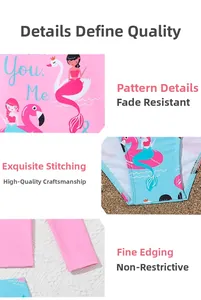 Detail view showing durable stitching and colorful flamingo prints on kids swimwear