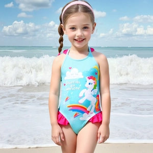 Girls One-Piece Swimsuit Unicorn Rainbow Print Ruffle Strappy Bathing Suit Summer Beach Swimwear For Kids