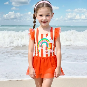 Girls Rainbow Striped Swimsuit Set With Hat Mesh Tutu Skirt One Piece Swimwear For Toddler Kids Summer Beach Outfits