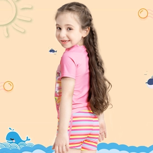 Girls unicorn two-piece swimsuit with short sleeve top and rainbow striped swim shorts